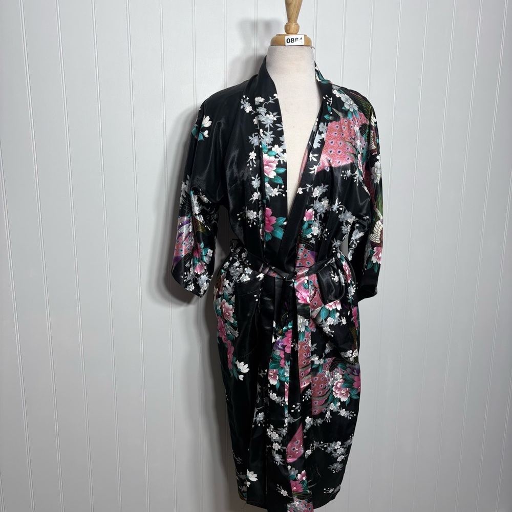 Vintage Silky Peacock Floral Kimono Robe Boho Luxe Statement Vacation Medium - Picture 4 of 9